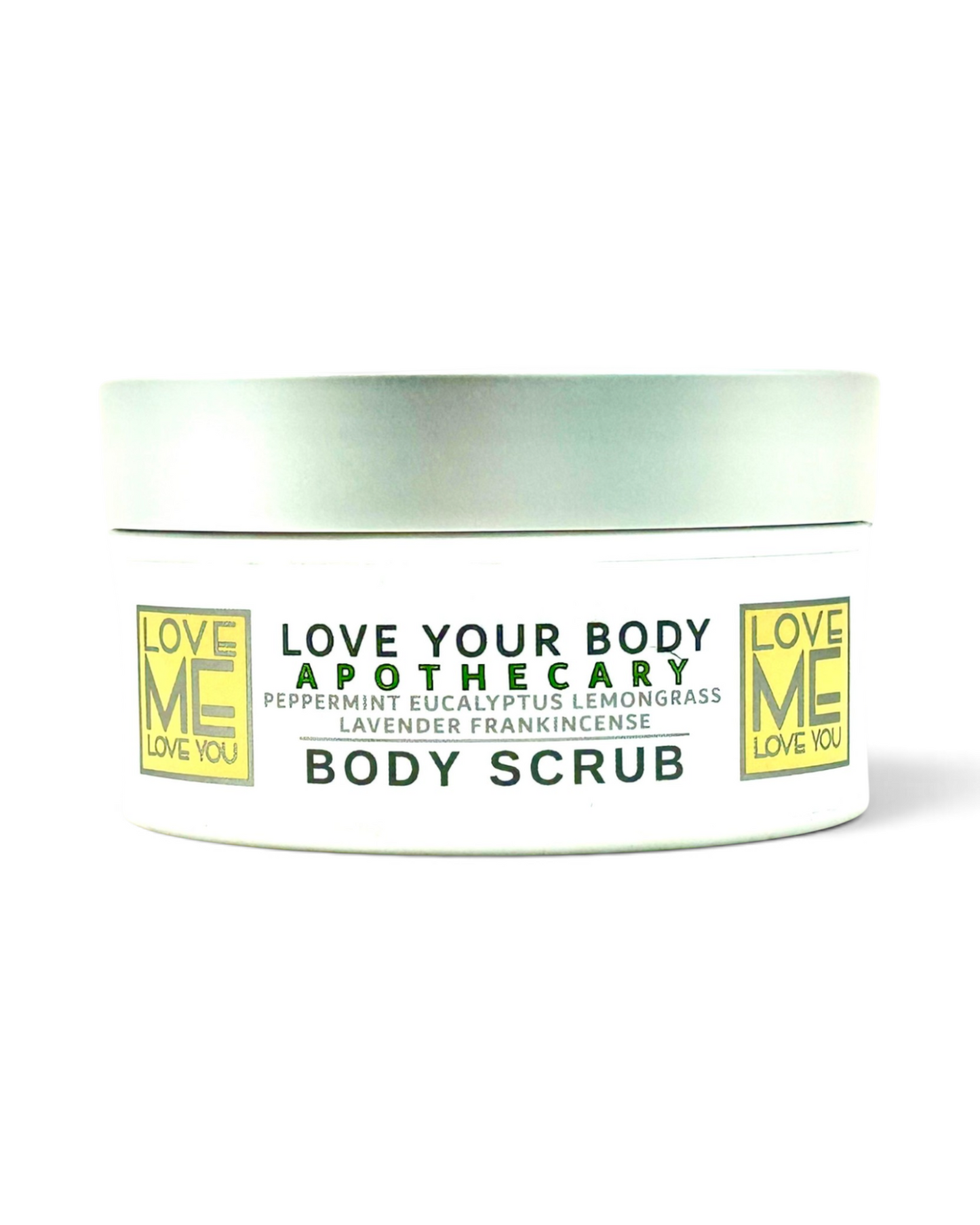 A white jar of Love Your Body Apothecary body scrub scented with lavender, eucalyptus, frankincense, lemongrass and peppermint with a silver lid, featuring green and yellow text on a white background.