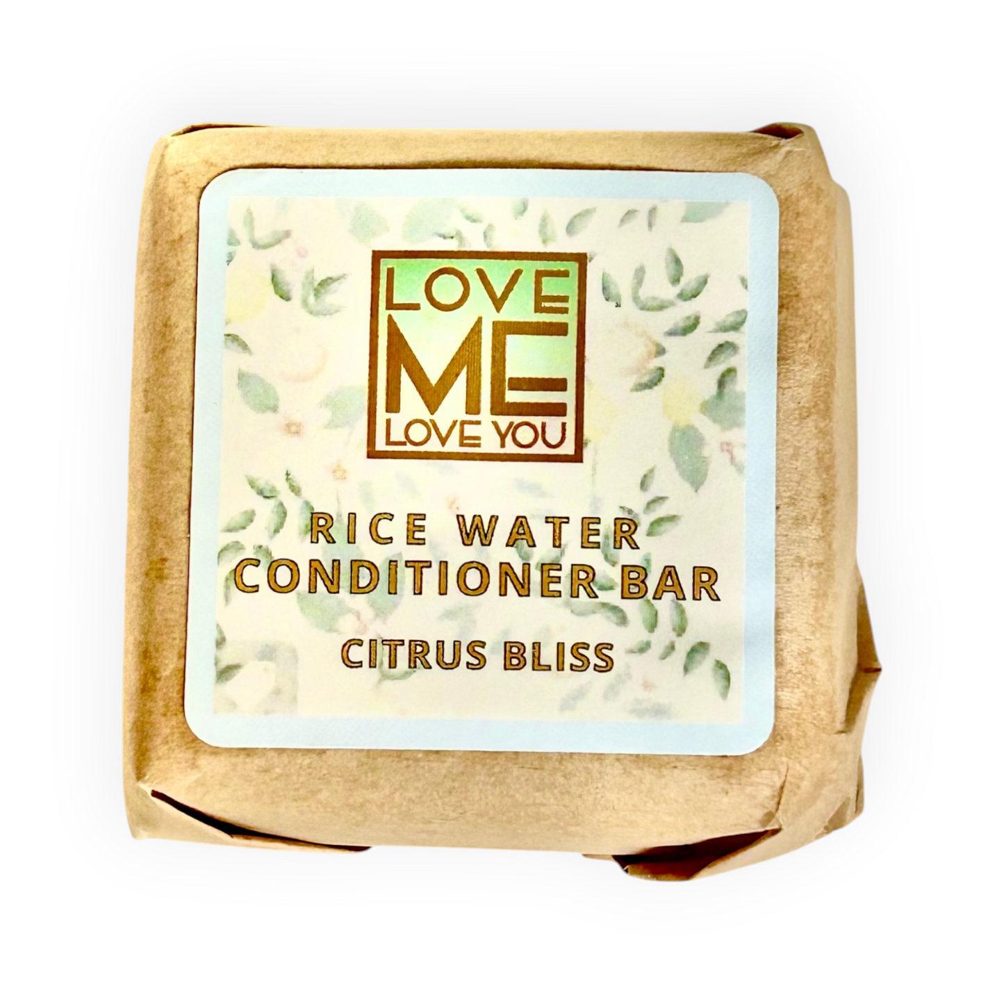Citrus Bliss rice water conditioner bar in paper wrap with LOVE ME label