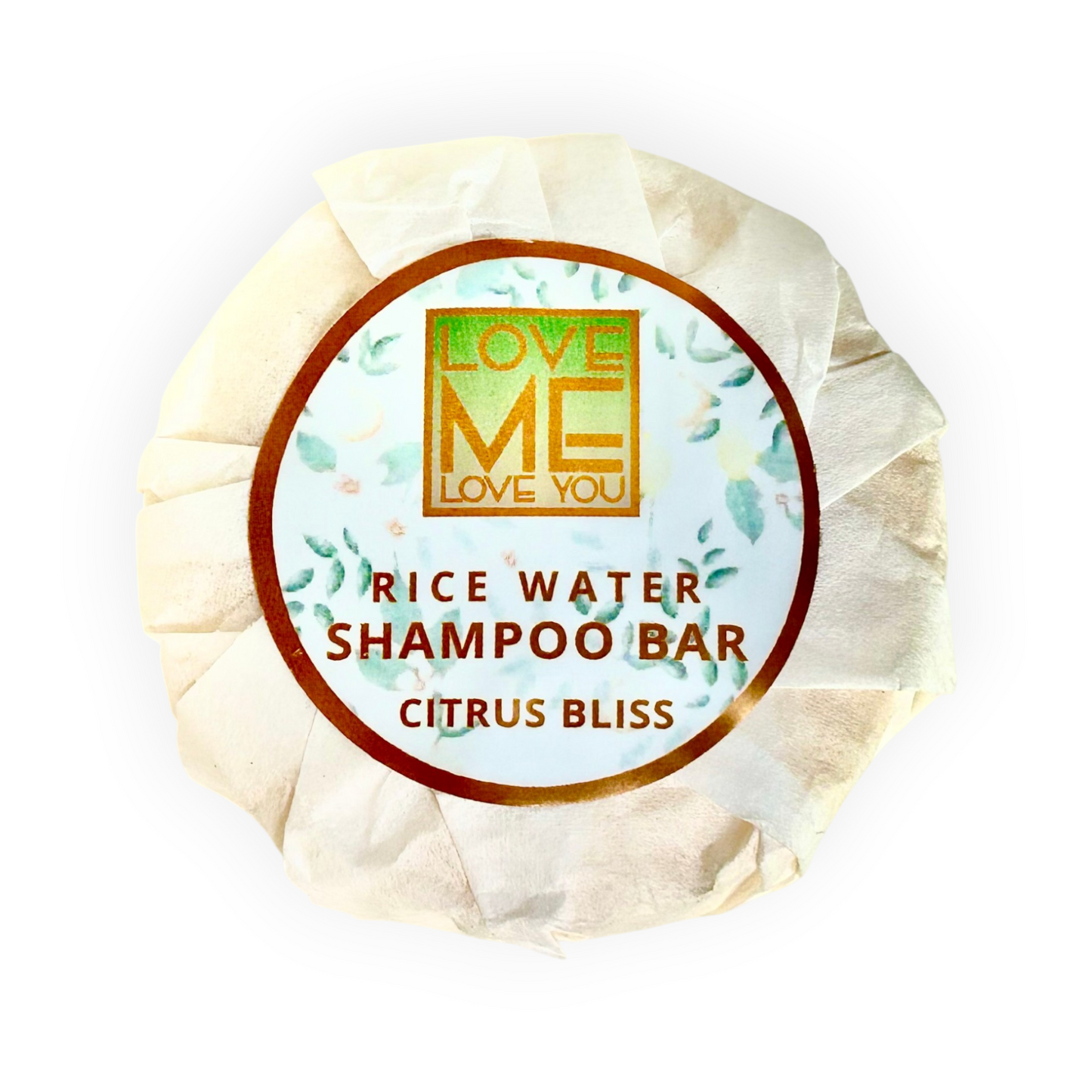 Citrus Bliss rice water shampoo bar with Love Me Love You label, wrapped in paper