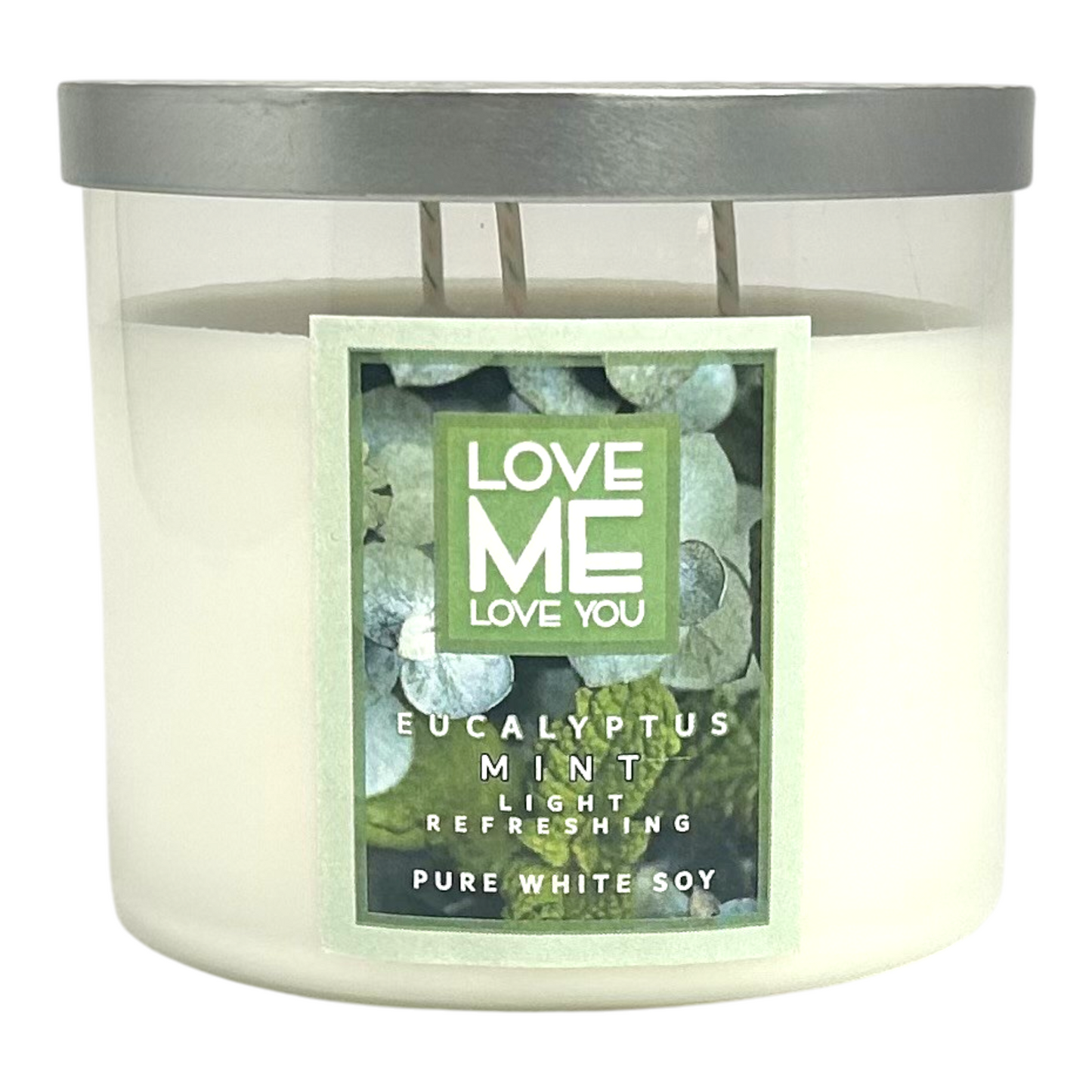 Eucalyptus mint scented candle in a white glass jar with mint-green label
