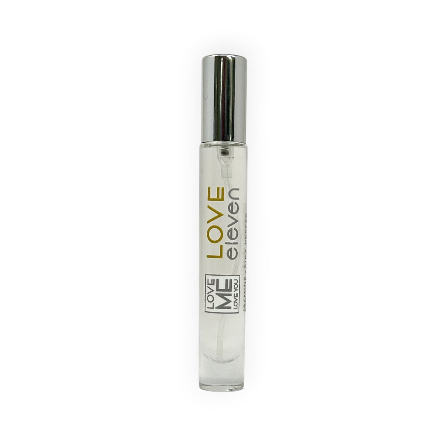 Love 11 perfume spray bottle with clear glass body and silver roller cap