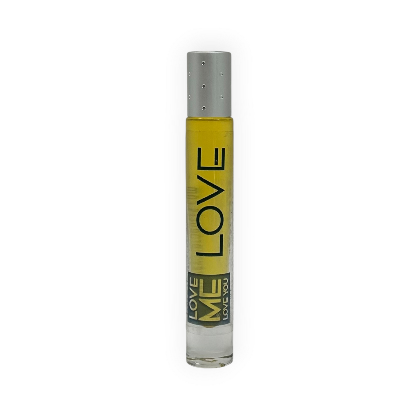 Roll-on body parfum oil in clear glass bottle with yellow liquid and gray cap
