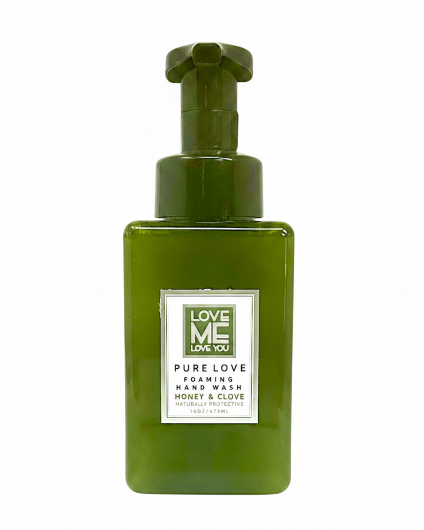 Pure Love foaming hand wash bottle with pump, green glass, label showing Love Me Love You
