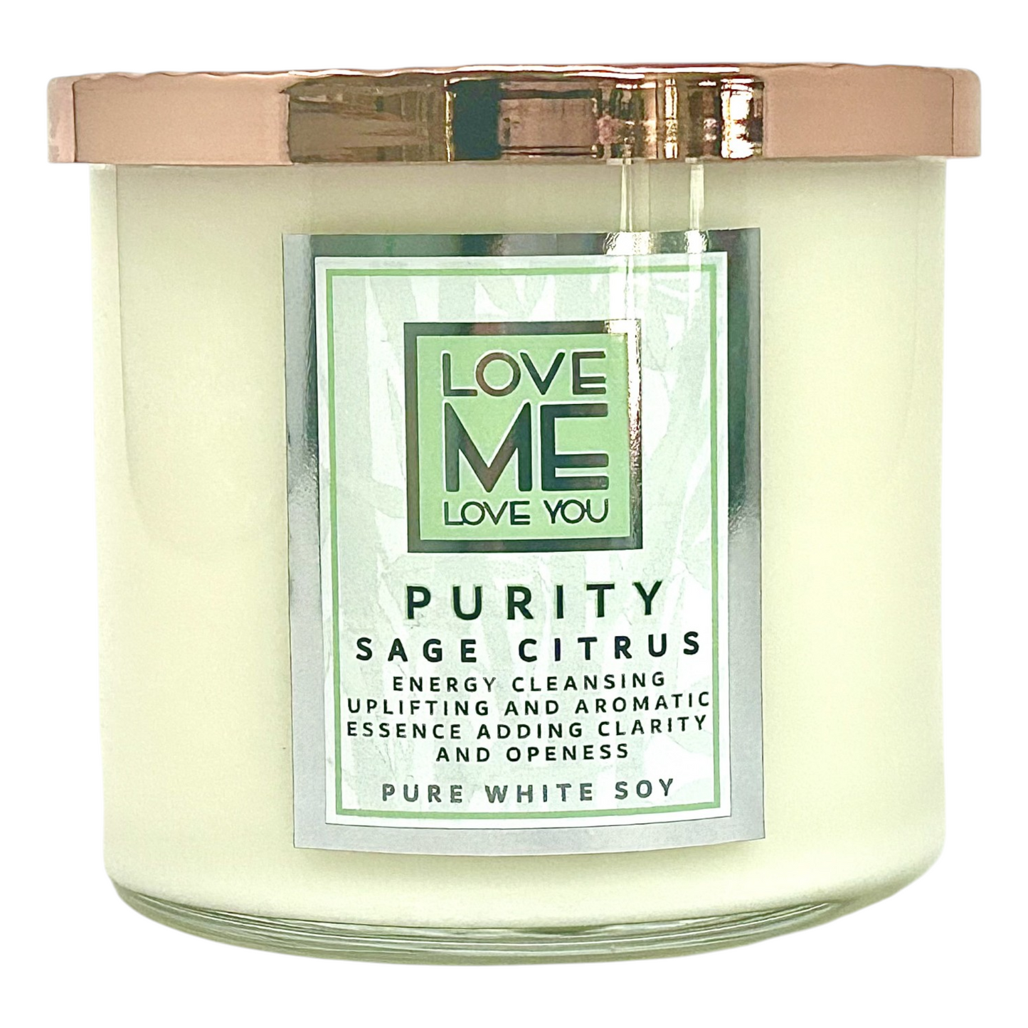 PURITY wood-wick candle in clear glass jar with green label, pure white soy.