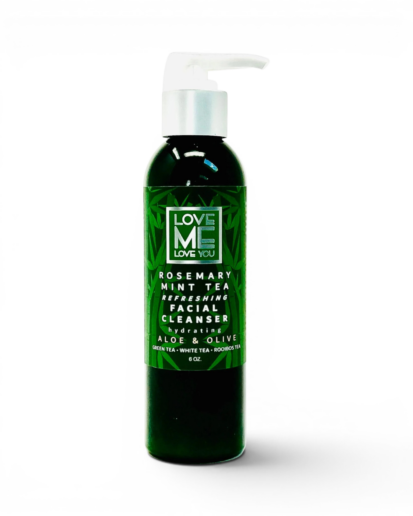 Rosemary mint tea facial cleanser bottle with pump, green liquid and dark green label