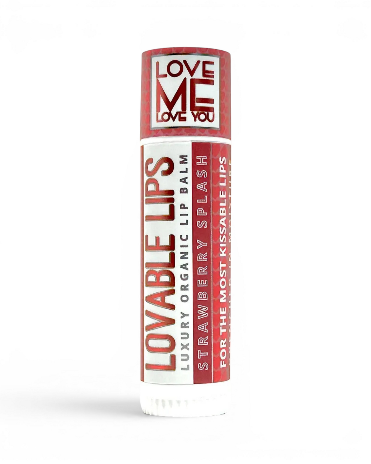 Strawberry lip balm tube with Love Me Love You label, red cap