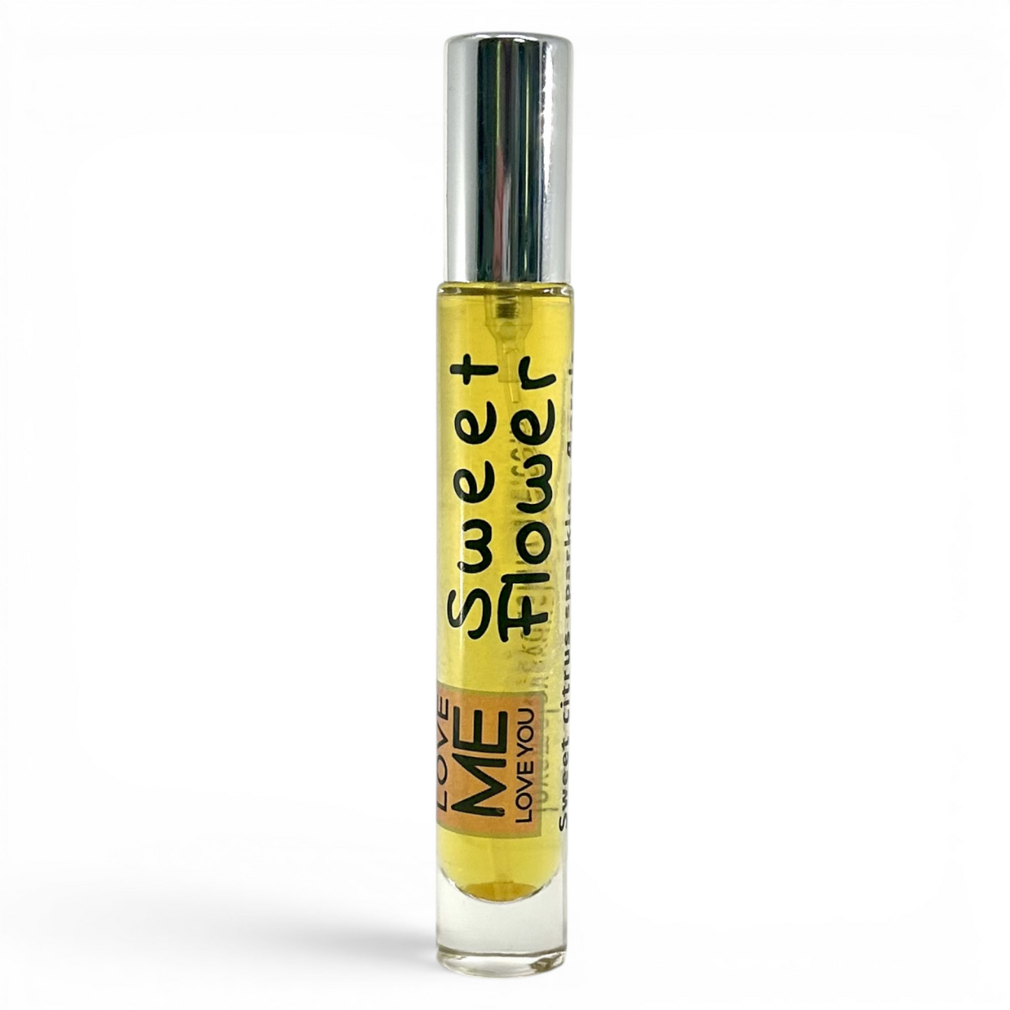 Women’s perfume bottle with gold liquid and metallic silver spray cap