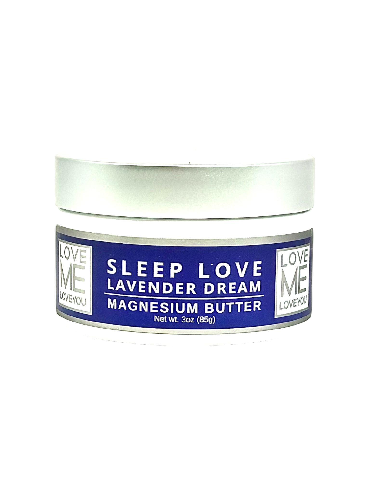 A 3 oz jar of Sleep Love Lavender Dream Magnesium Butter with a white jar, silver lid, and a blue label.