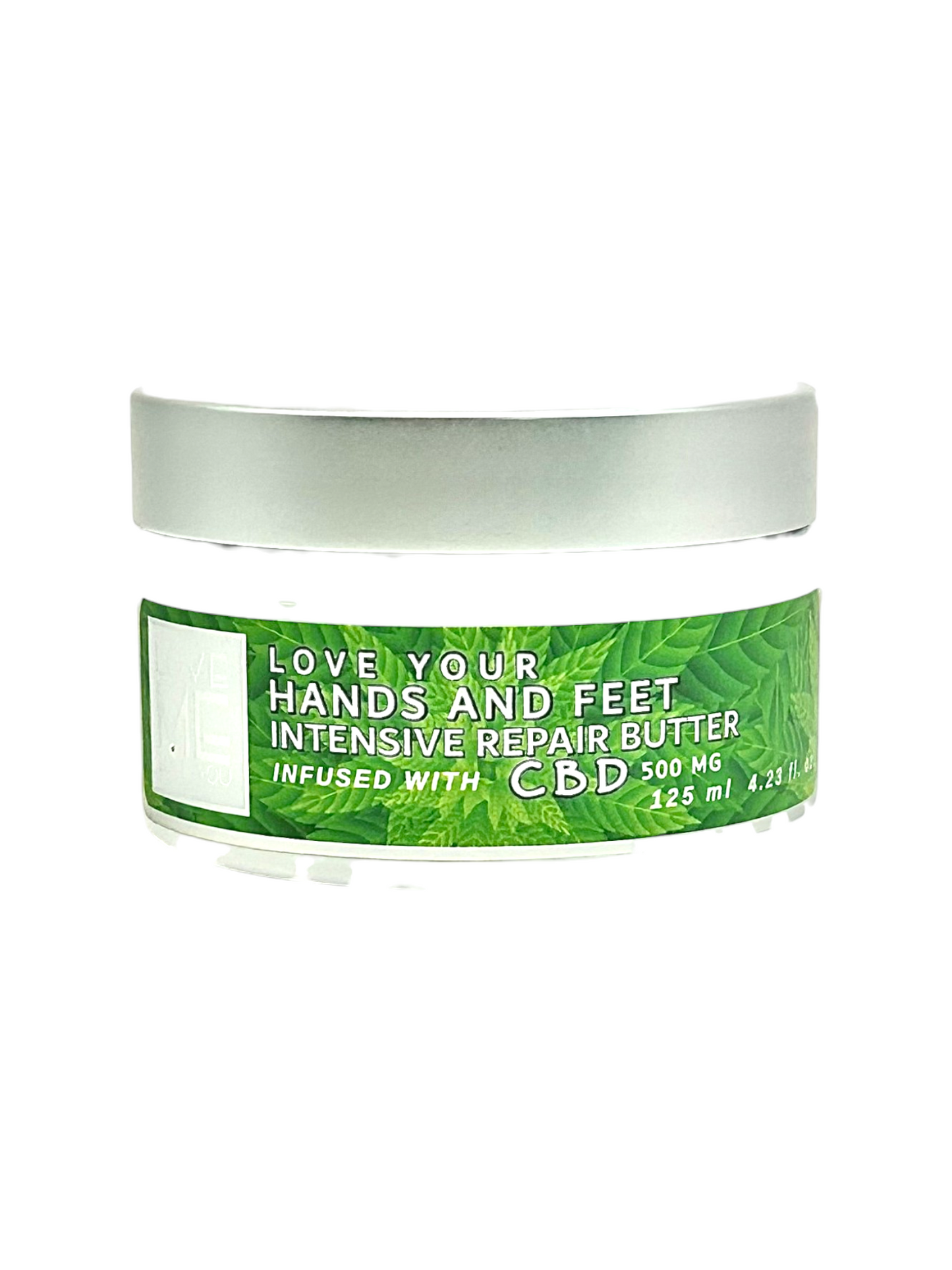 A jar of Love Your Hands and Feet Intensive Repair Butter with a green leaf pattern label and a silver lid, on a white background.