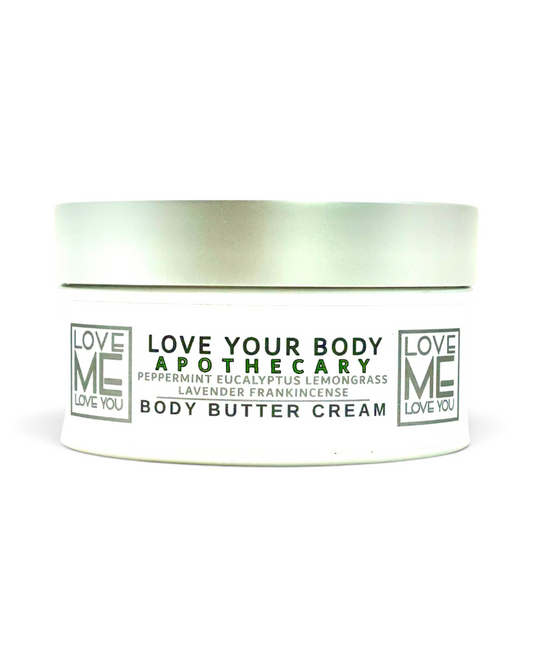 A white plastic jar of Love Your Body Apothecary body butter, scented with lavender, eucalyptus, frankincense, peppermint and lemongrass with a silver lid, on a white background.