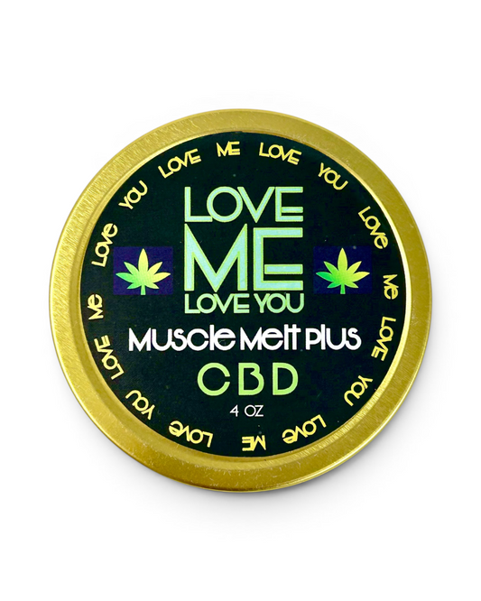 Gold round Muscle Melt Plus CBD tin lid with LOVE ME LOVE YOU text and cannabis leaf