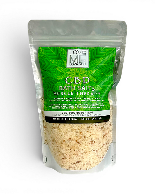 CBD bath salts muscle therapy pouch with beige salt granules and green label