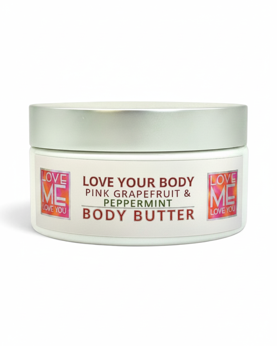A white jar of Love Your Body Pink Grapefruit & Peppermint Body Butter with a metallic silver lid, shown on a clean white background.