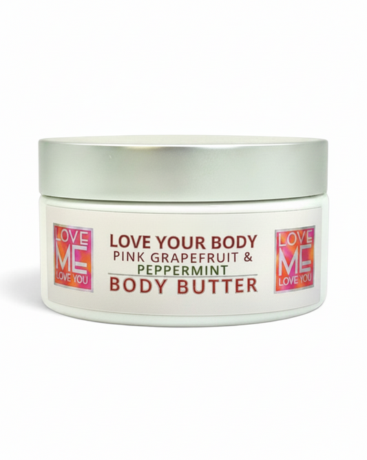 A white jar of Love Your Body Pink Grapefruit & Peppermint Body Butter with a metallic silver lid, shown on a clean white background.
