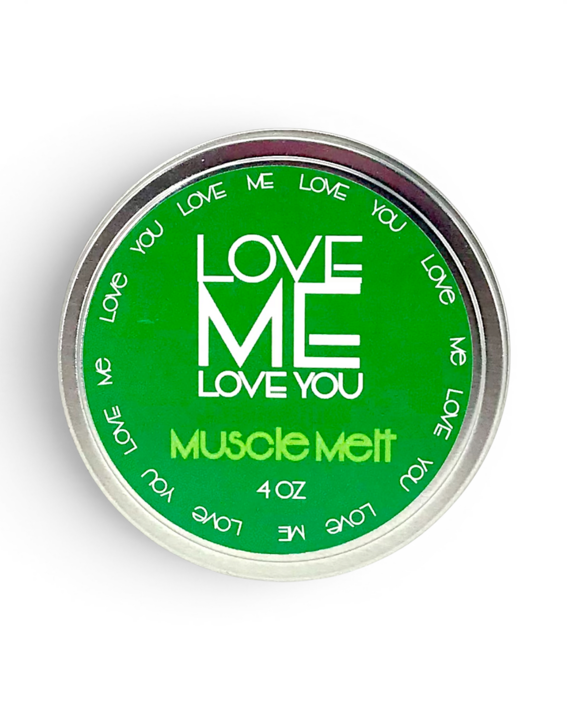 Muscle Melt Balm jar with green Love Me Love You label, 4 oz