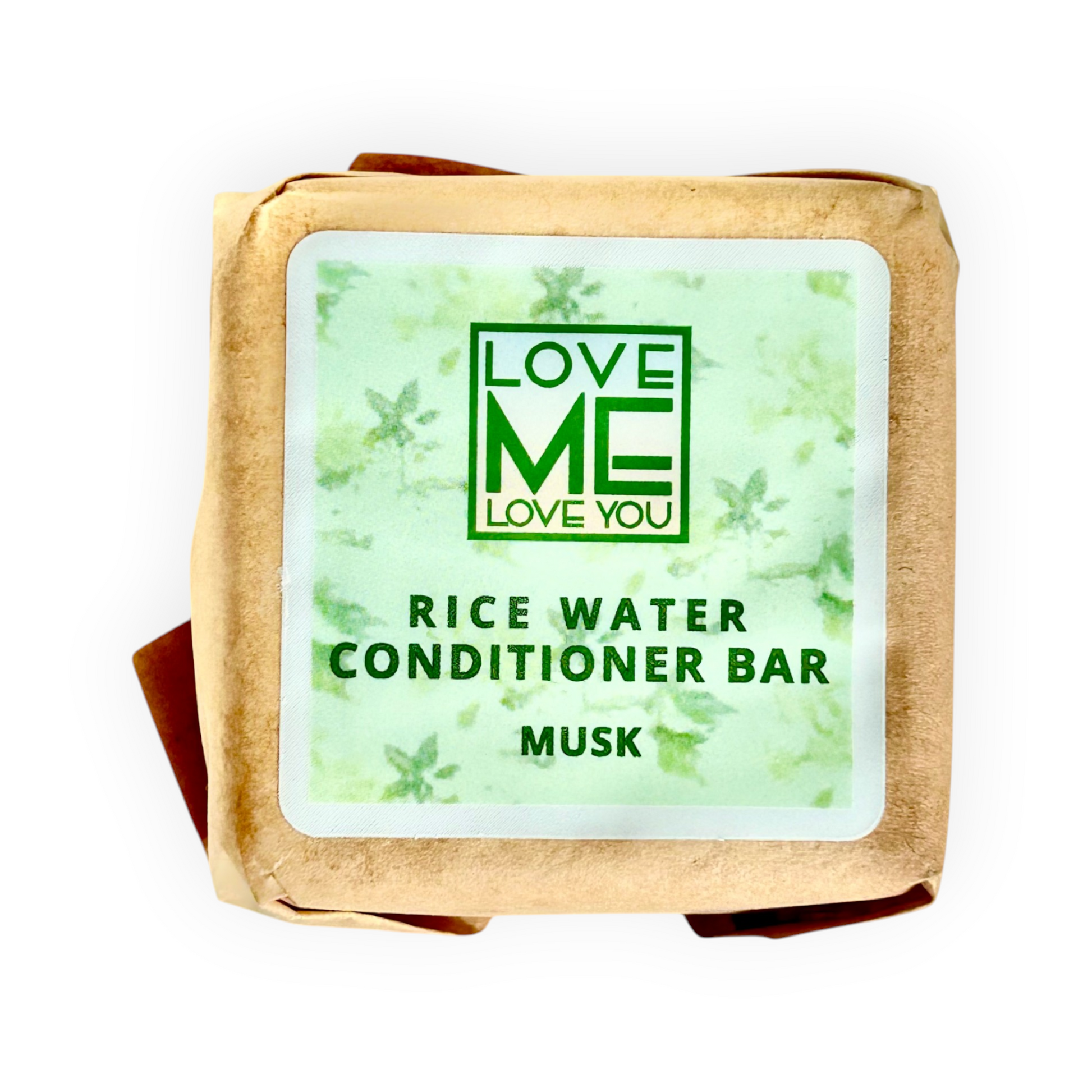 Musk conditioning bar soap with green LOVE ME label on paper wrap