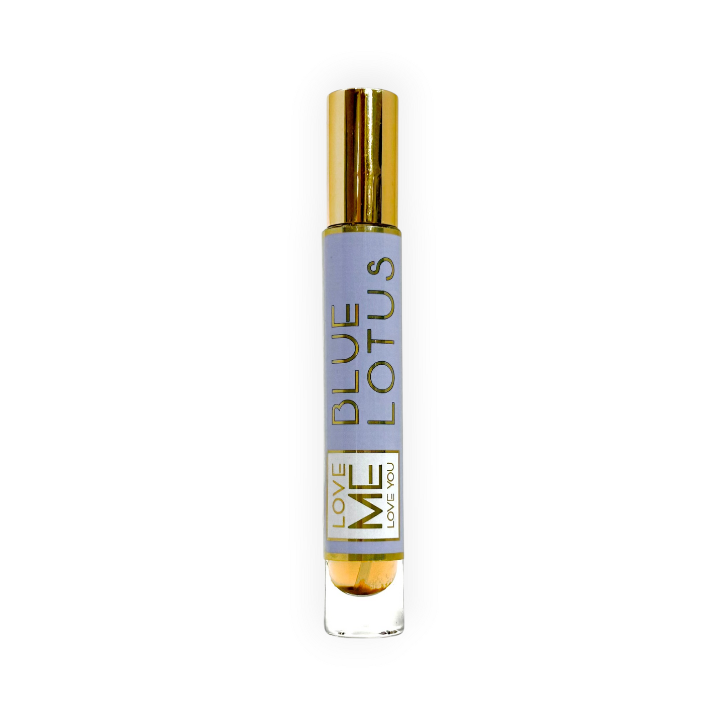 Perfume spray bottle with gold cap, clear glass, and blue vertical label