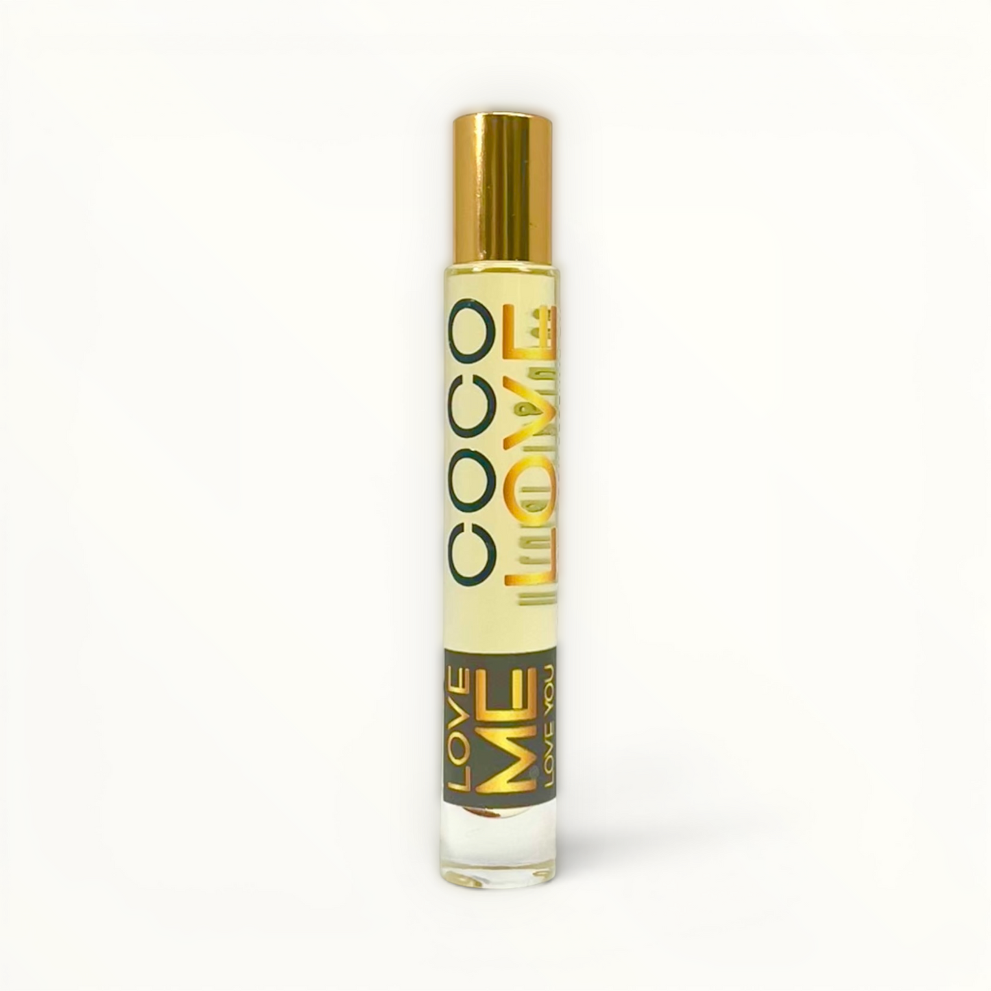 Coco Love roll-on body perfume oil in gold-capped bottle, amber liquid