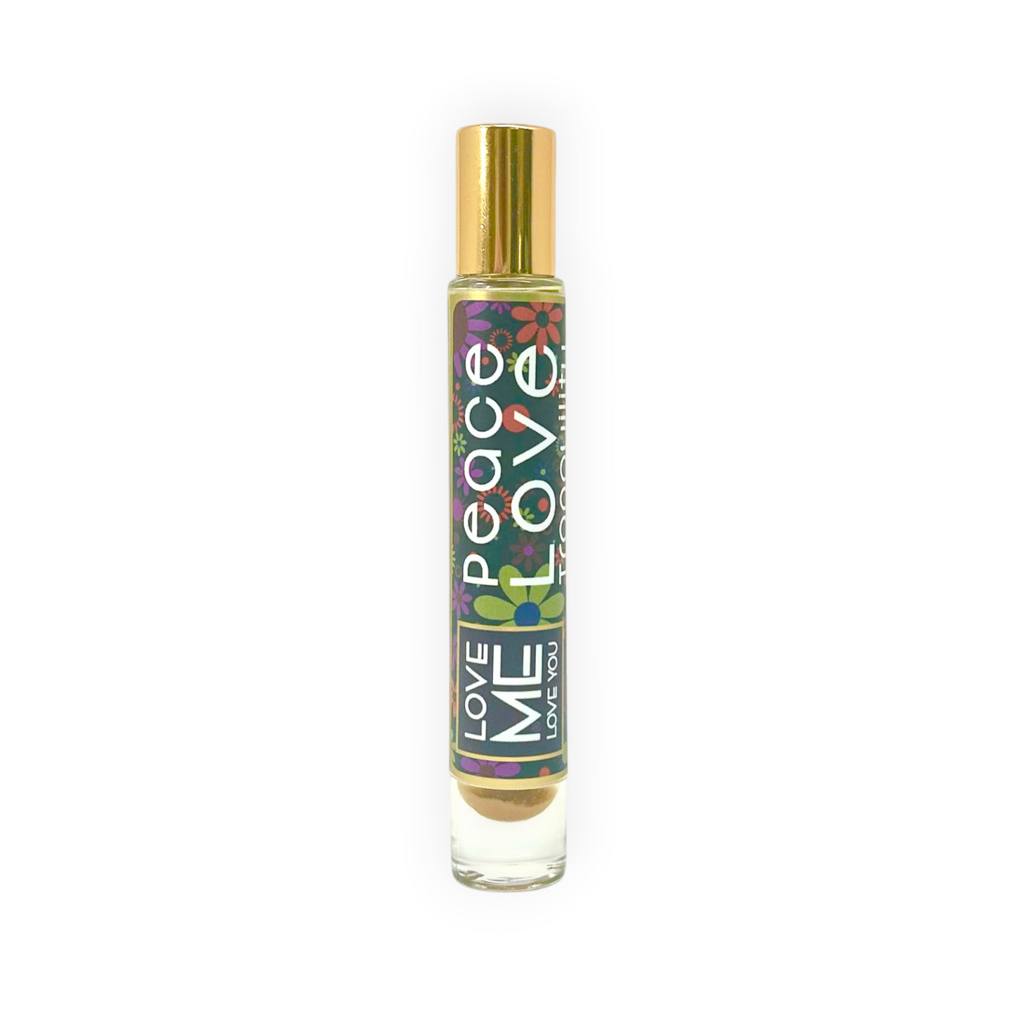 Roll-on body parfum oil bottle with gold cap and colorful Peace Love label