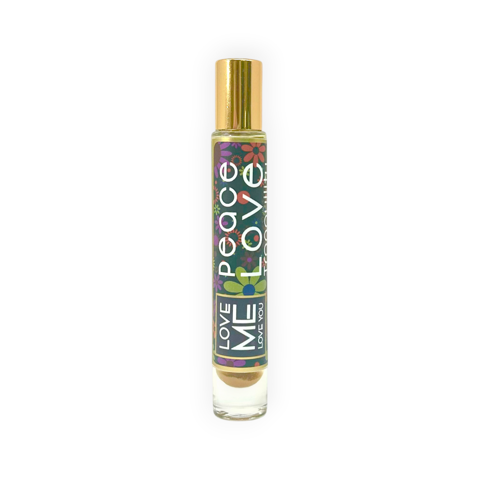 Roll-on body parfum oil bottle with gold cap and colorful Peace Love label