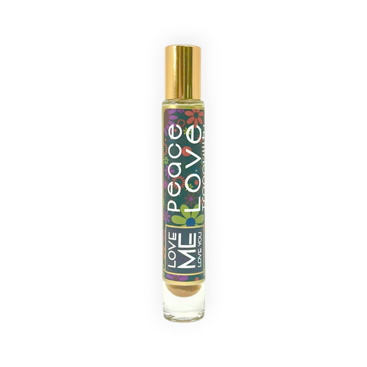Roll-on body parfum oil bottle with gold cap and colorful Peace Love label