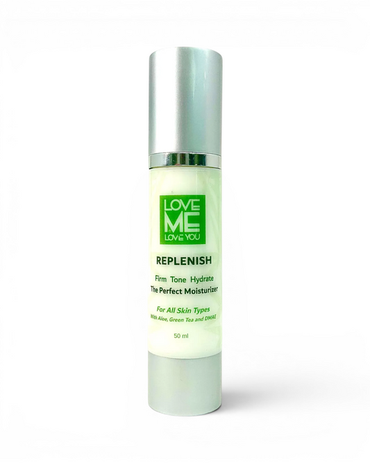 Hydrating facial moisturizer bottle with green label and silver pump cap