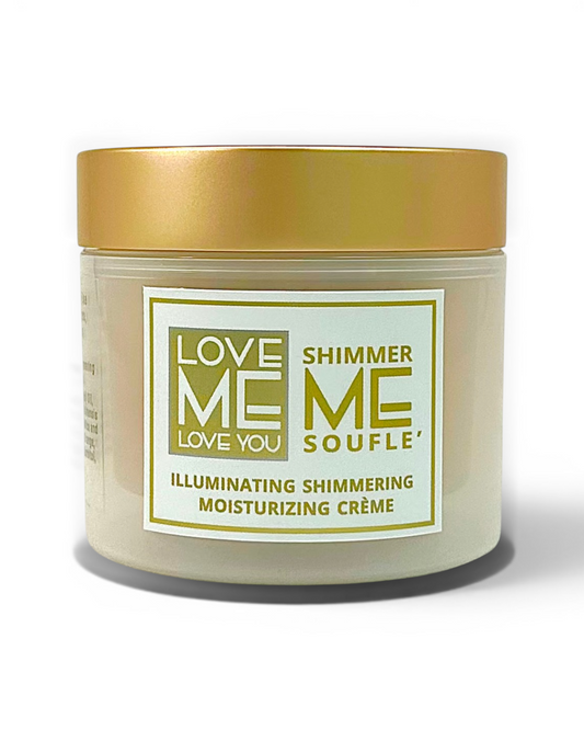 Body butter in a clear jar with gold lid and Love Me Shimmer Me Soufle label