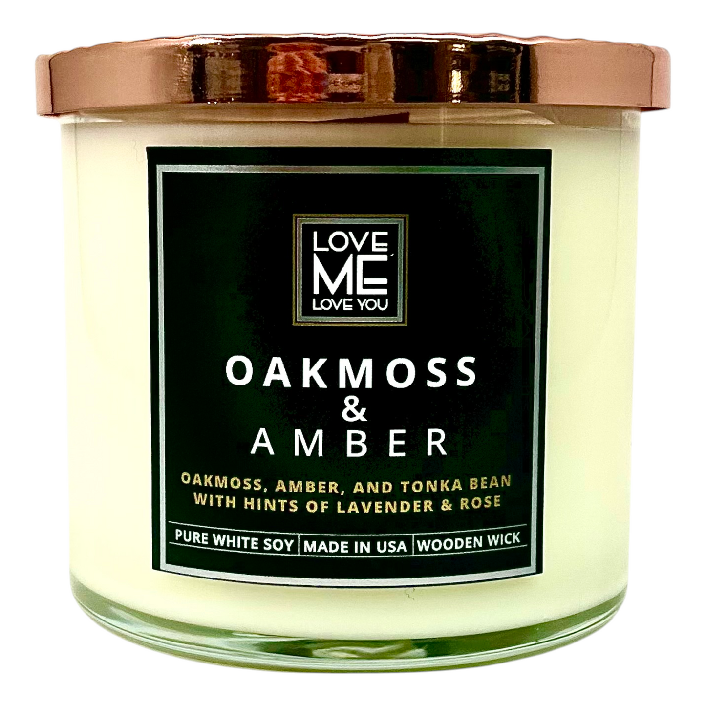 OAKMOSS & AMBER wood-wick candle in cream glass jar with green label