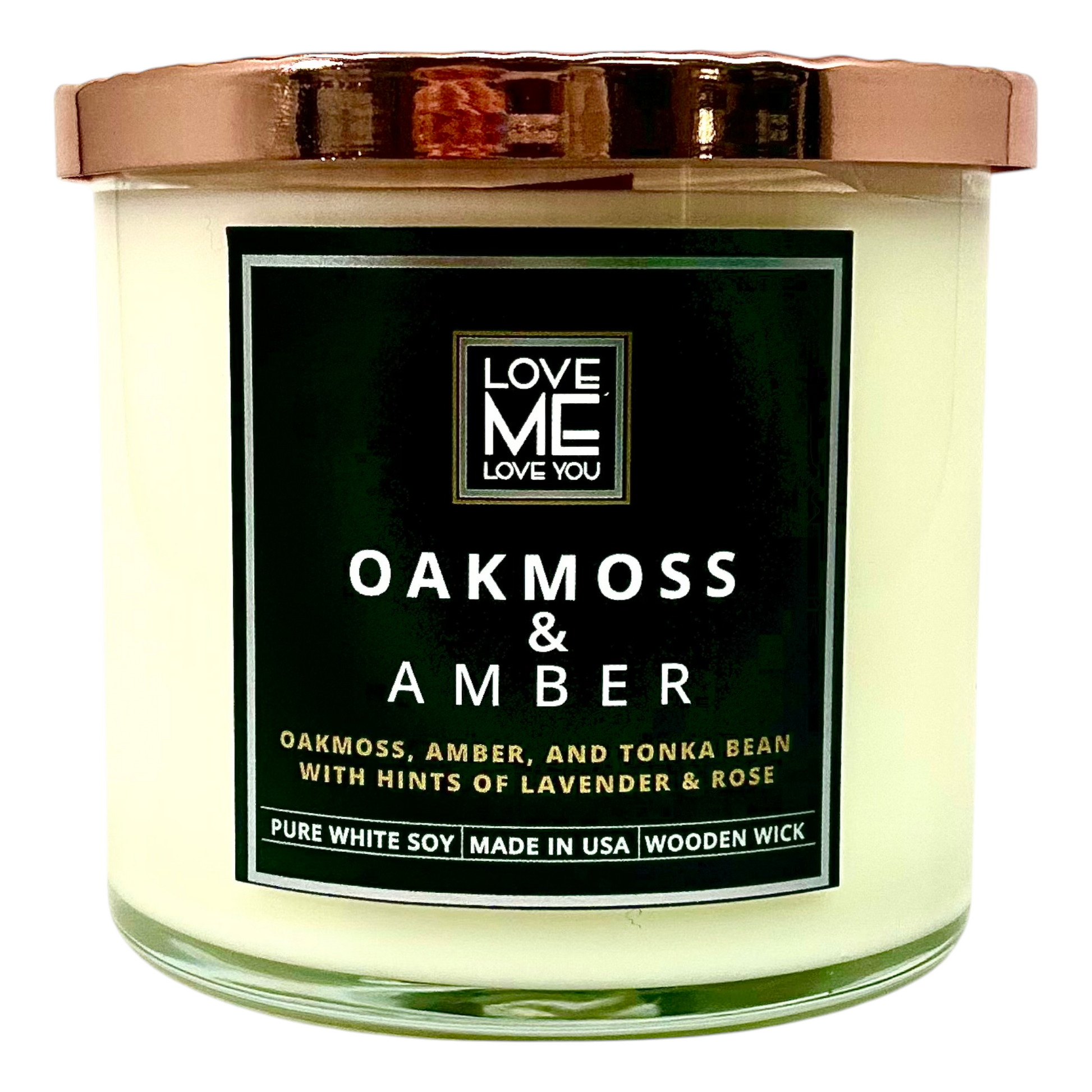 OAKMOSS & AMBER wood-wick candle in cream glass jar with green label