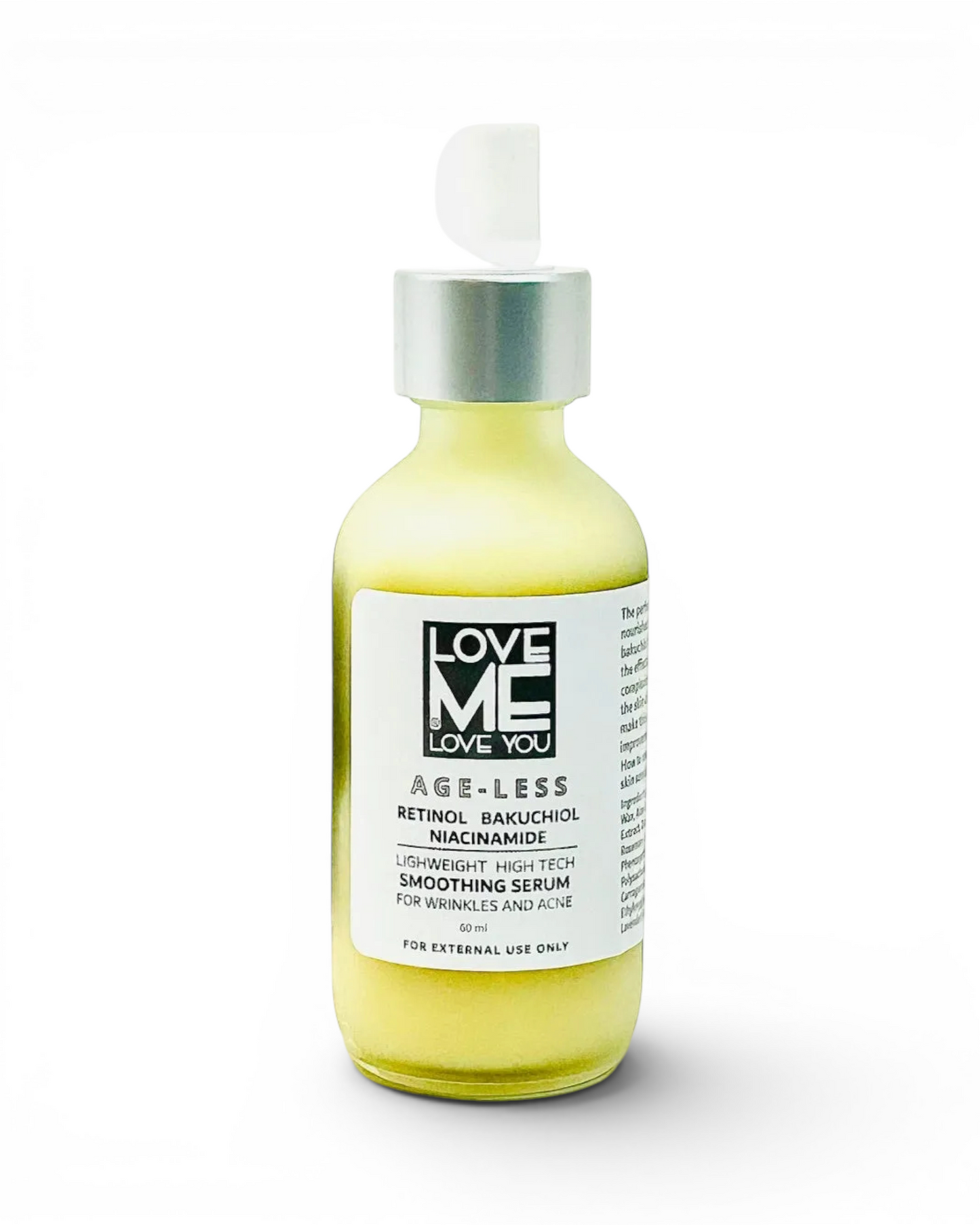 Yellow ageless serum bottle with white dropper-style cap and glass pump top