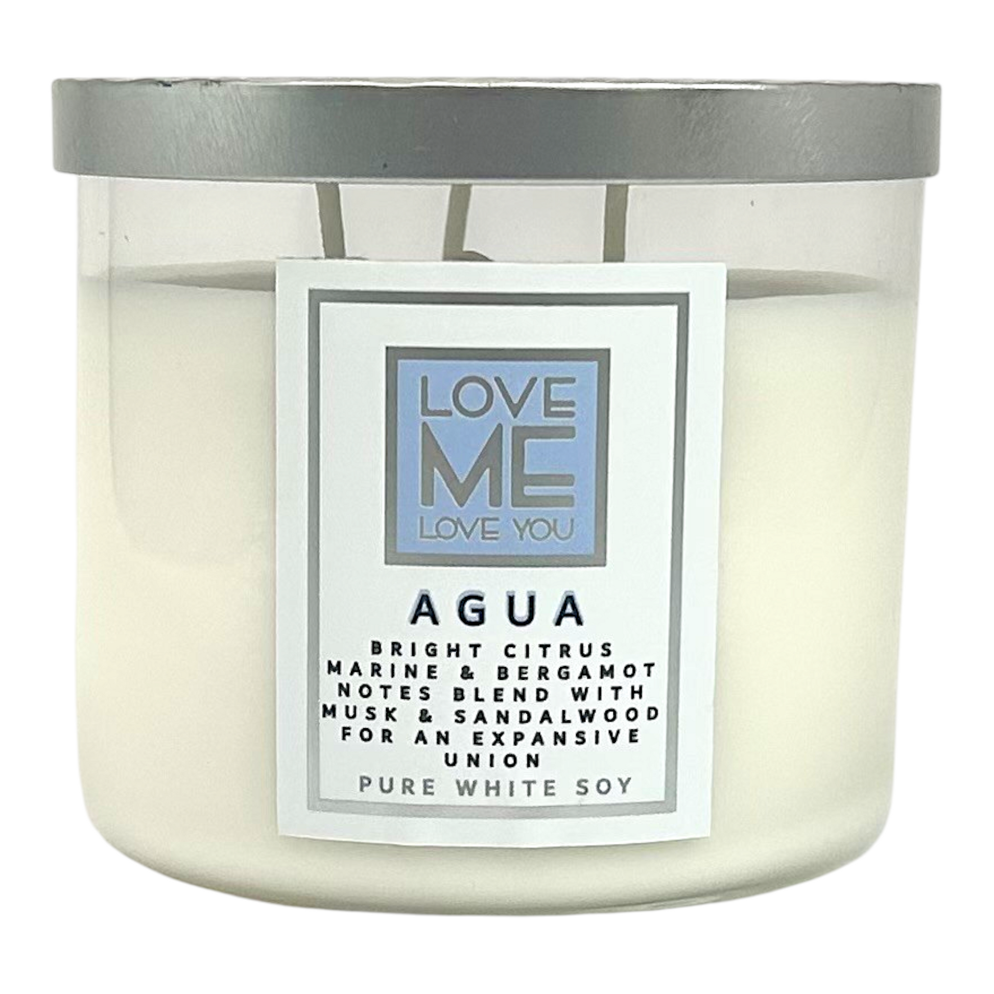 Cream soy candle with gray lid and 'LOVE ME' label