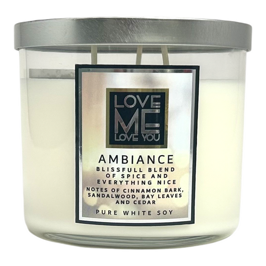 AMBIANCE candle in clear glass jar with white wax and metal lid, love me label