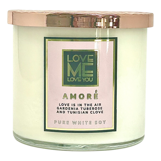 AMORE’ wood-wick candle in clear glass jar with gold lid, "Love Me Love You" label