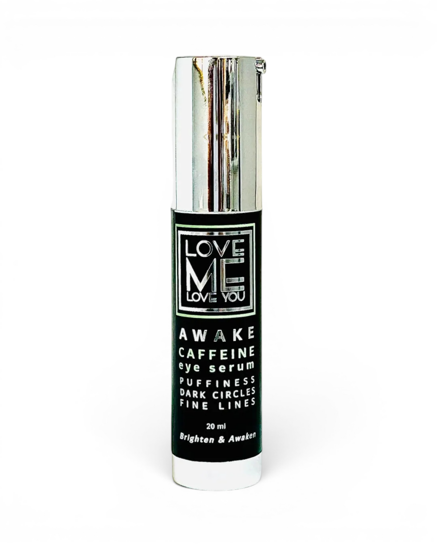 Awake caffeine eye serum bottle with metallic pump cap, clear glass, 20 ml