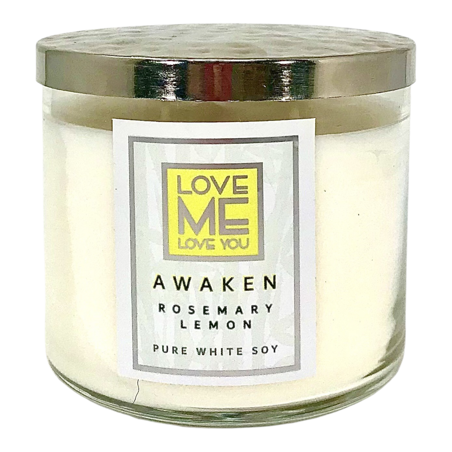 Pure white soy candle in clear glass jar with silver lid and LOVE ME label