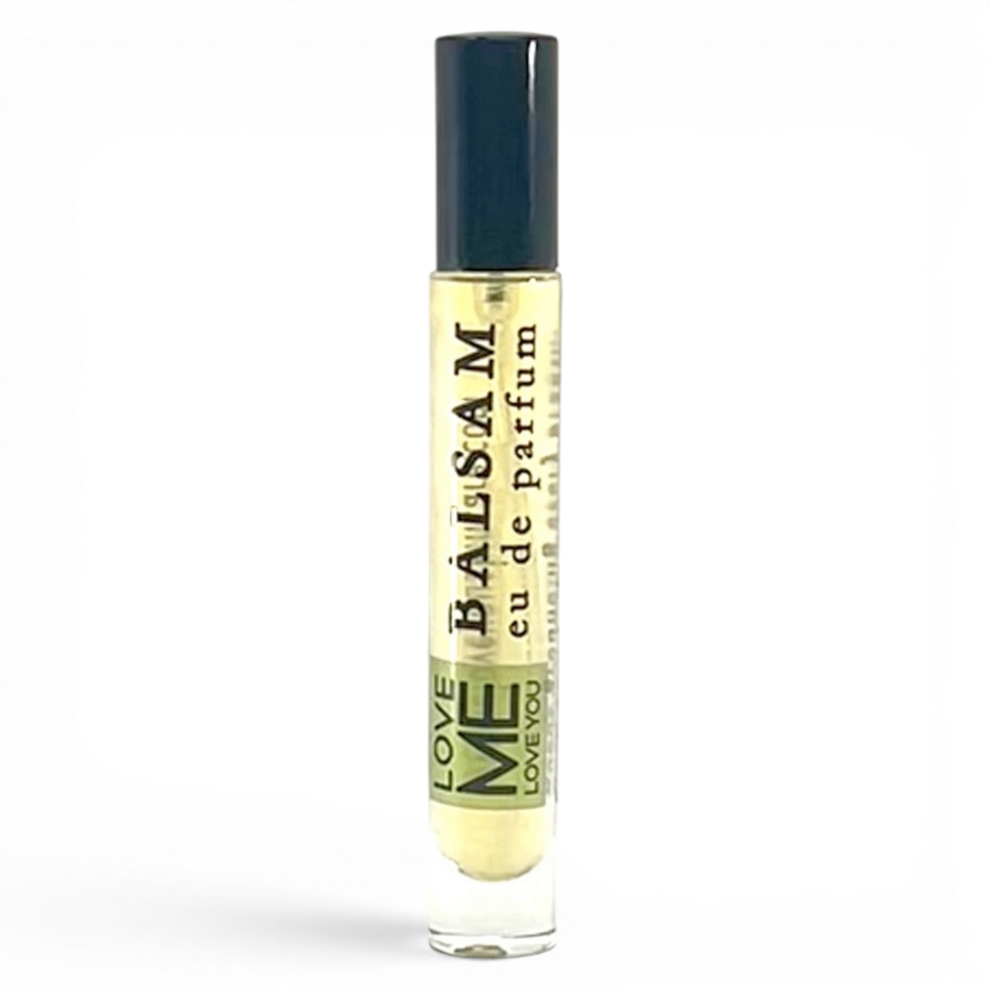 BALSAM eau de Parfum bottle, clear glass with dark blue cap and gold label