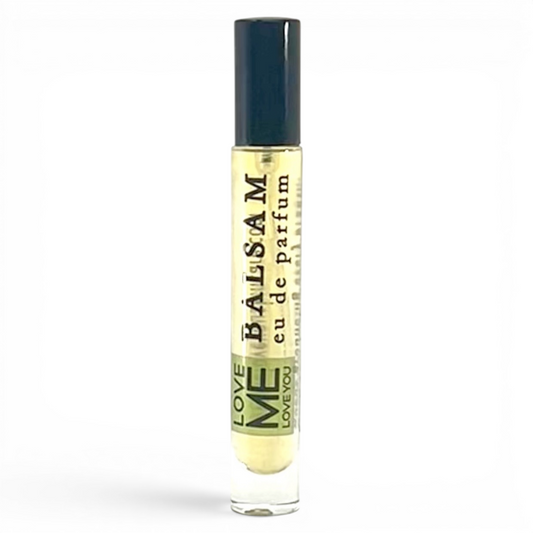 BALSAM eau de Parfum bottle, clear glass with dark blue cap and gold label