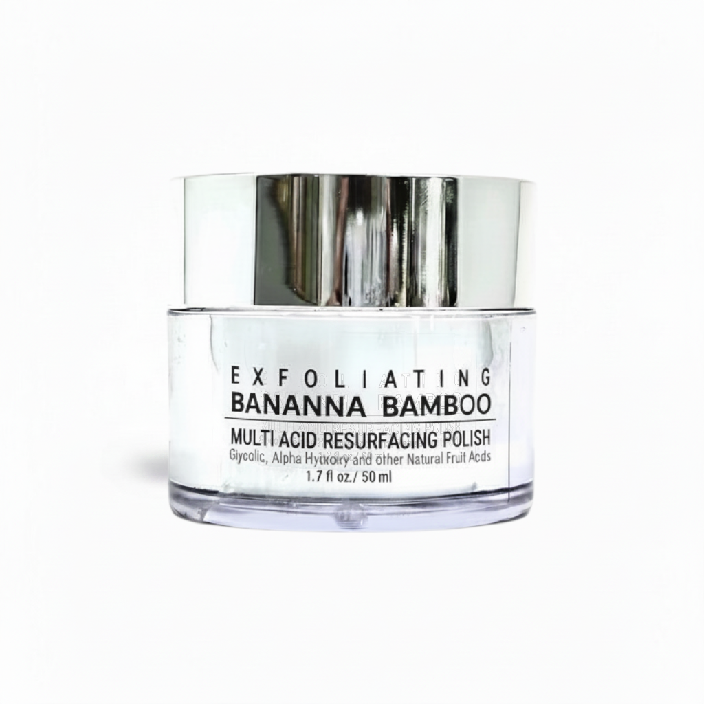 Exfoliating face polish jar with clear glass, white label, and silver lid