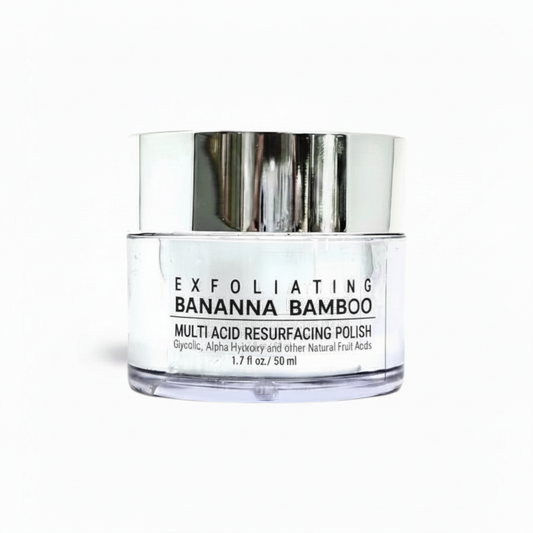 Exfoliating face polish jar with clear glass, white label, and silver lid