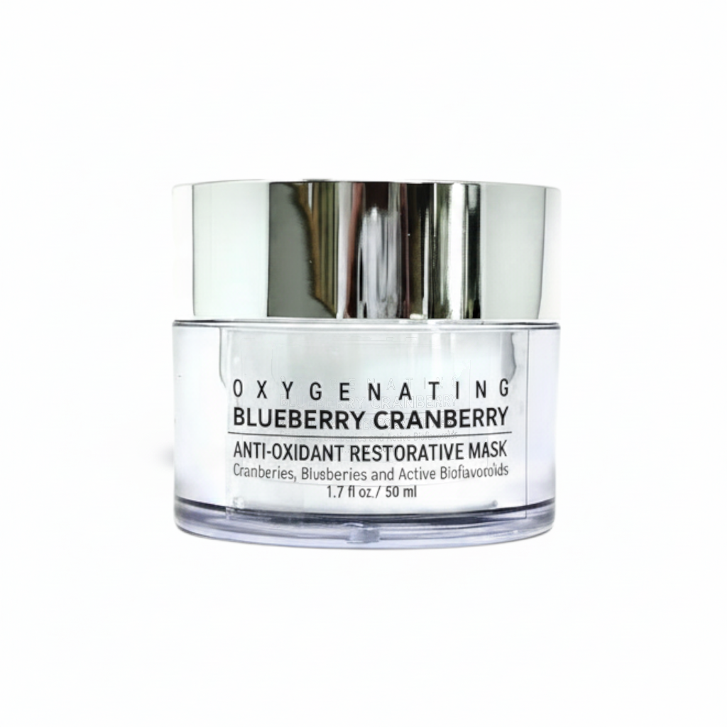 Oxygenating facial mask jar with silver lid, labeled Blueberry Cranberry restorative