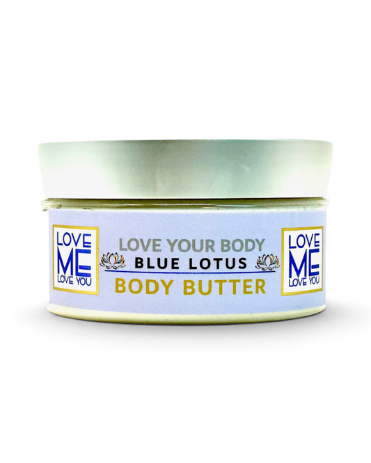 A jar of Love Me Blue Lotus Body Butter with a light blue label and a metallic silver lid, shown on a white background.