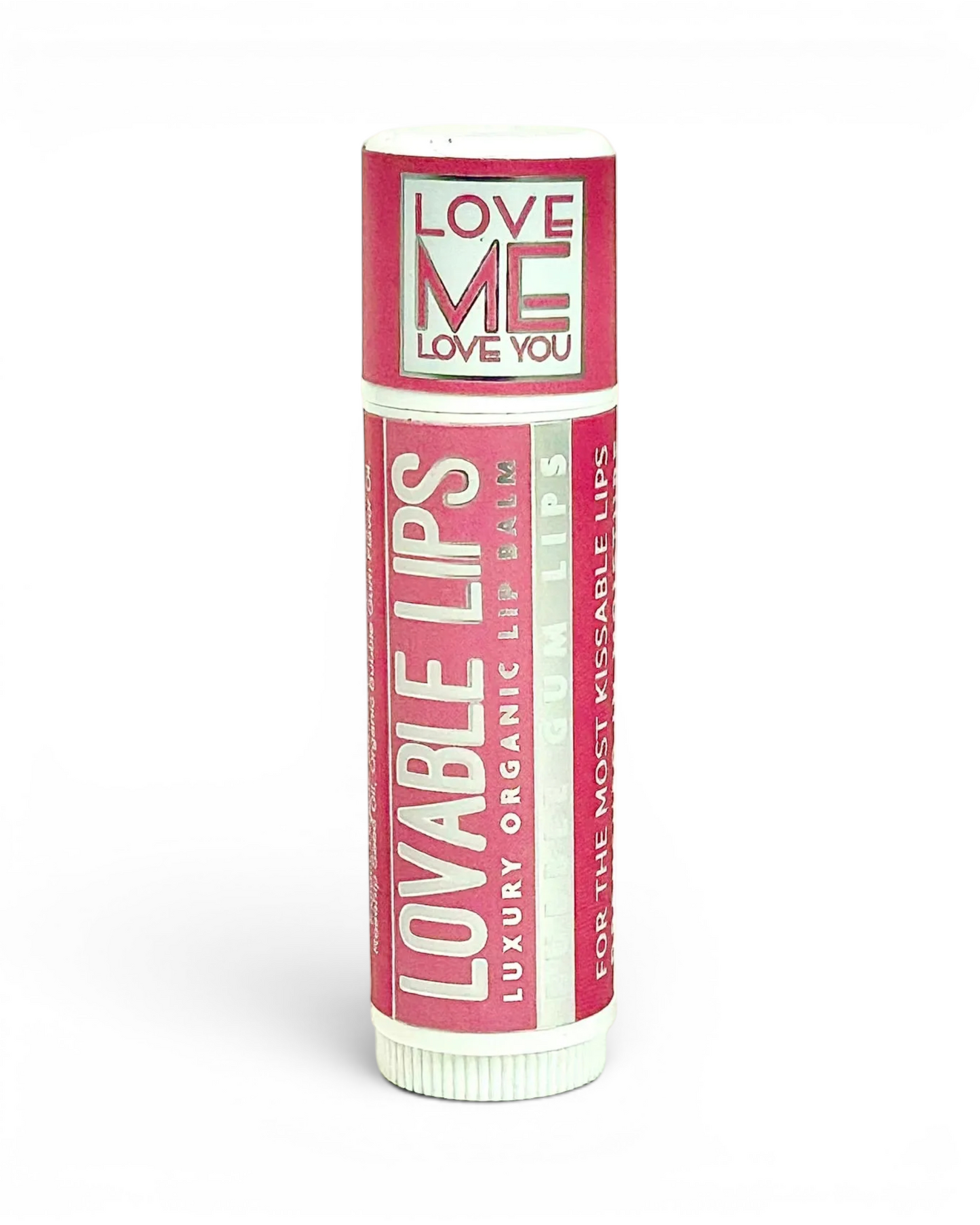 Pink lip balm stick with white cap, printed 'LOVE ME LOVE YOU' label.