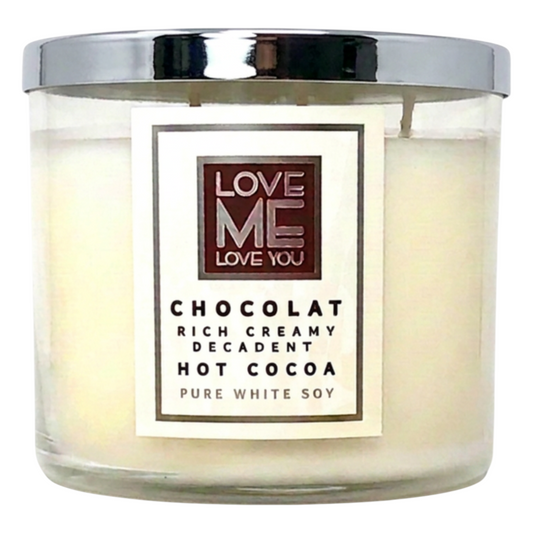 CHOCOLAT candle in clear glass jar with silver lid and LOVE ME label