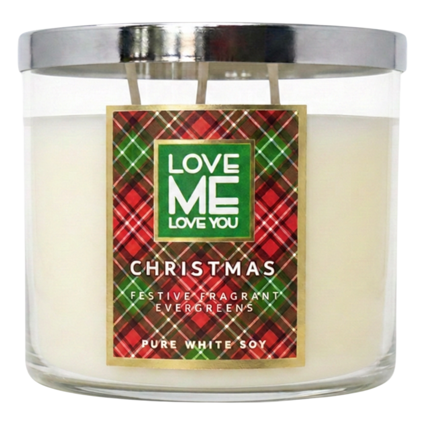 Christmas scented candle in clear jar with red tartan label, silver lid and white soy wax