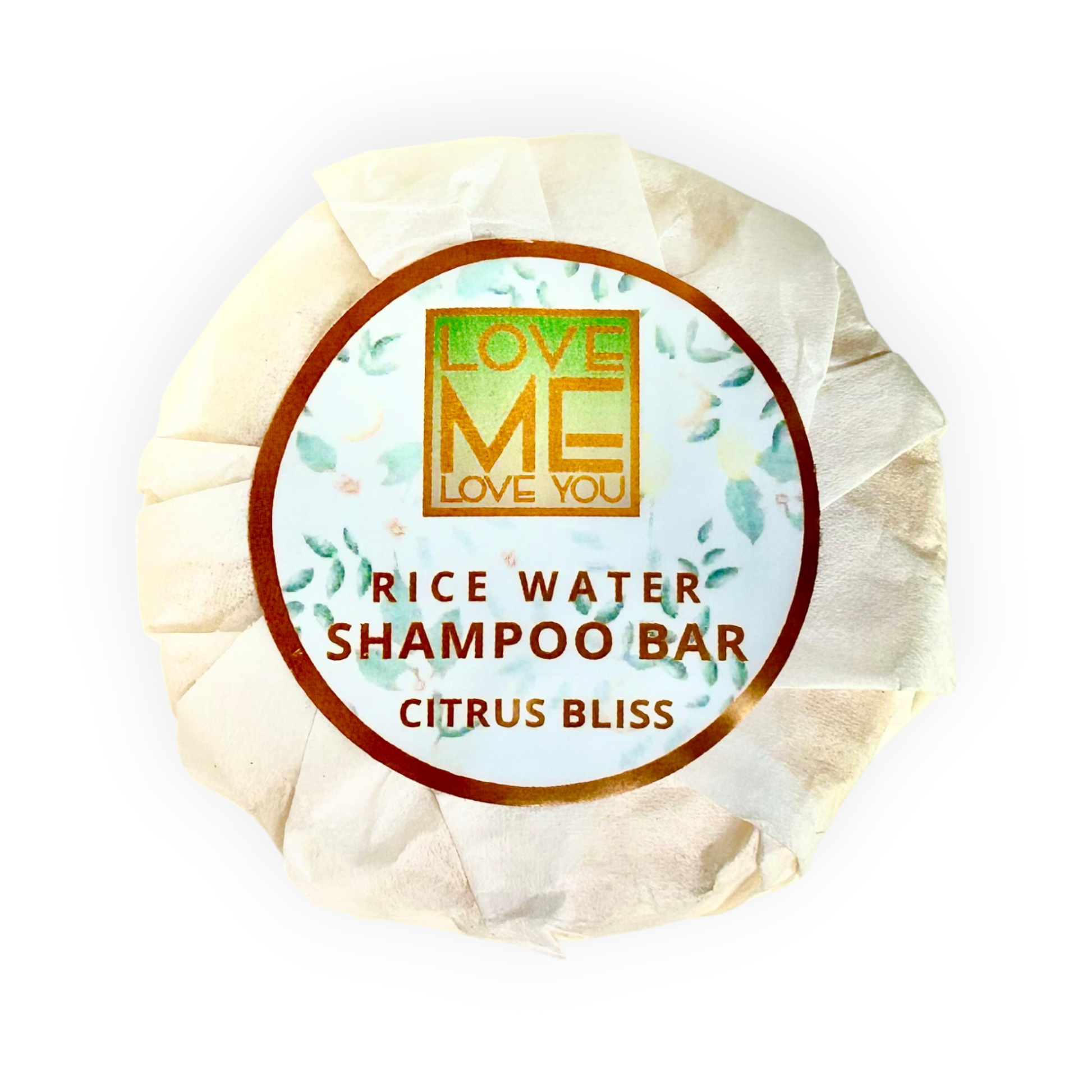 Citrus Bliss rice water shampoo bar with Love Me Love You label, wrapped in paper