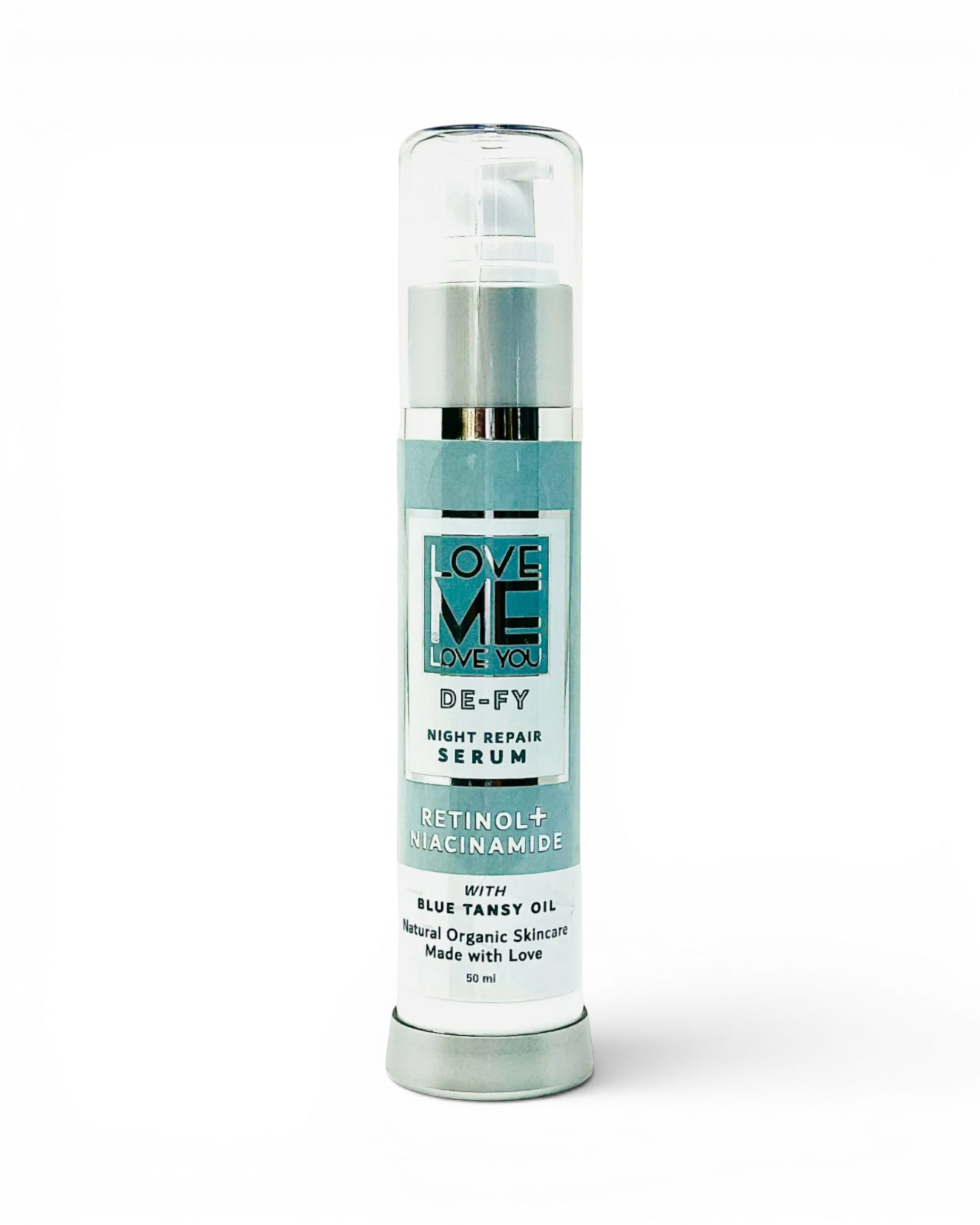 Night repair serum with pump dispenser, retinol+niacinamide, blue tansey oil label