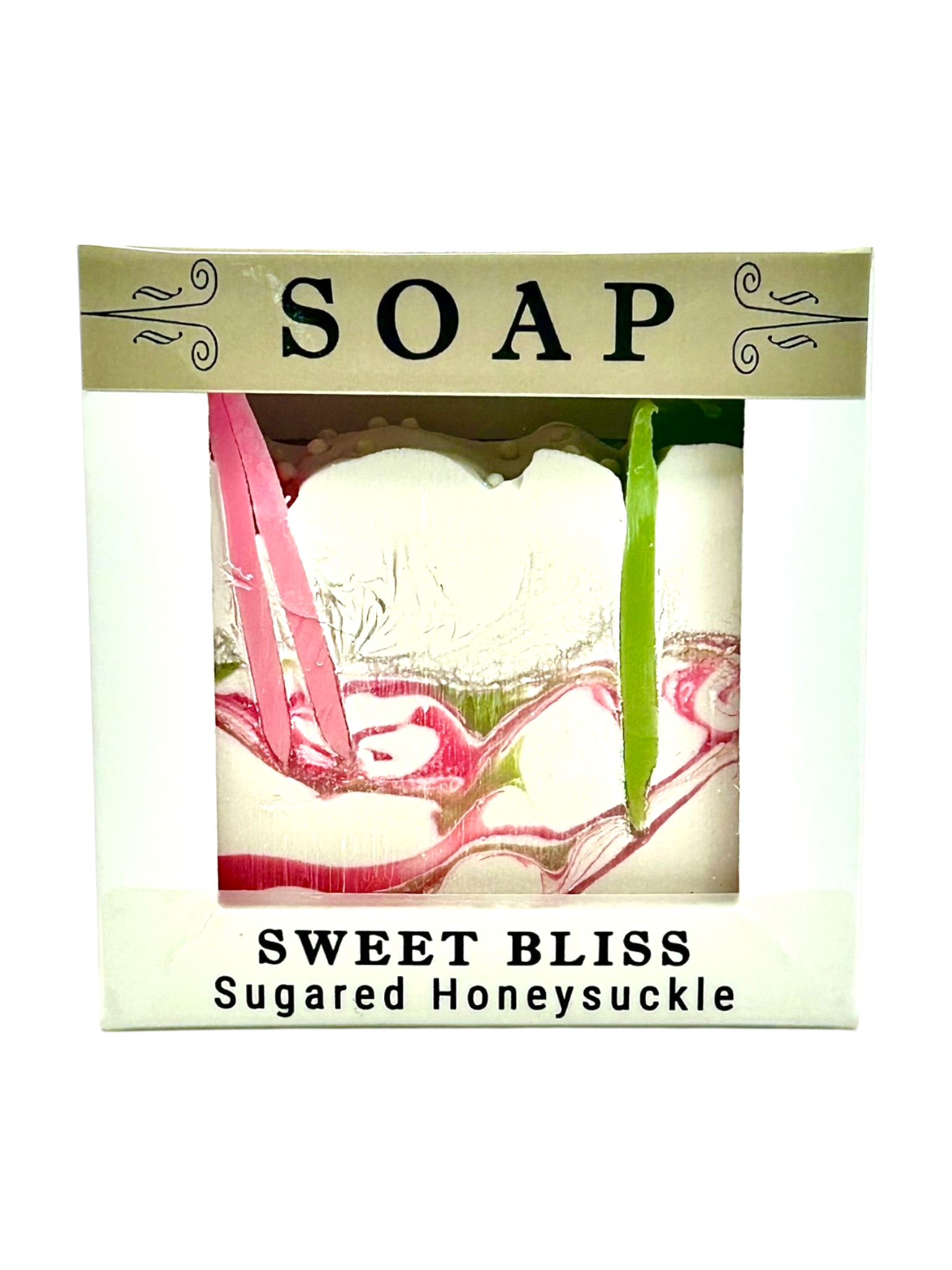 Sweet Bliss Sugared Honeysuckle soap in a white box with a clear window showing the marbled pink and green soap, and a gold header that reads 'SOAP'.