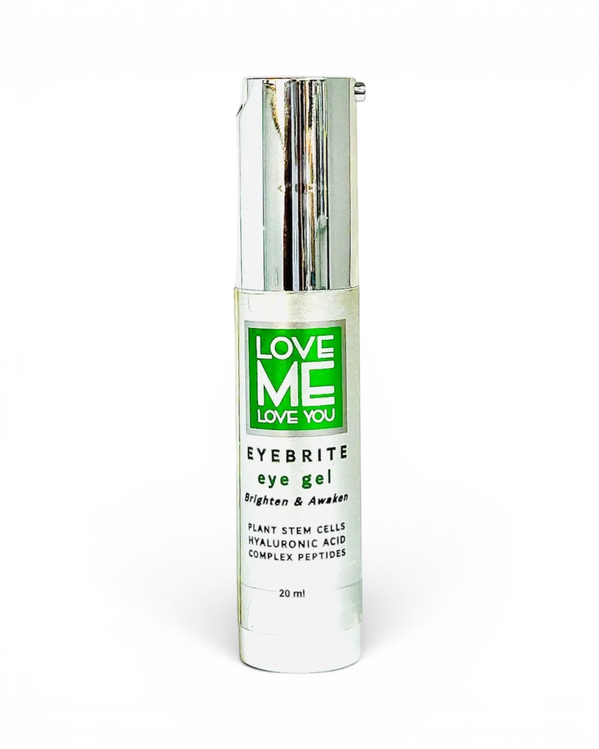 Eye Brite eye gel bottle with metallic cap and green Love Me label
