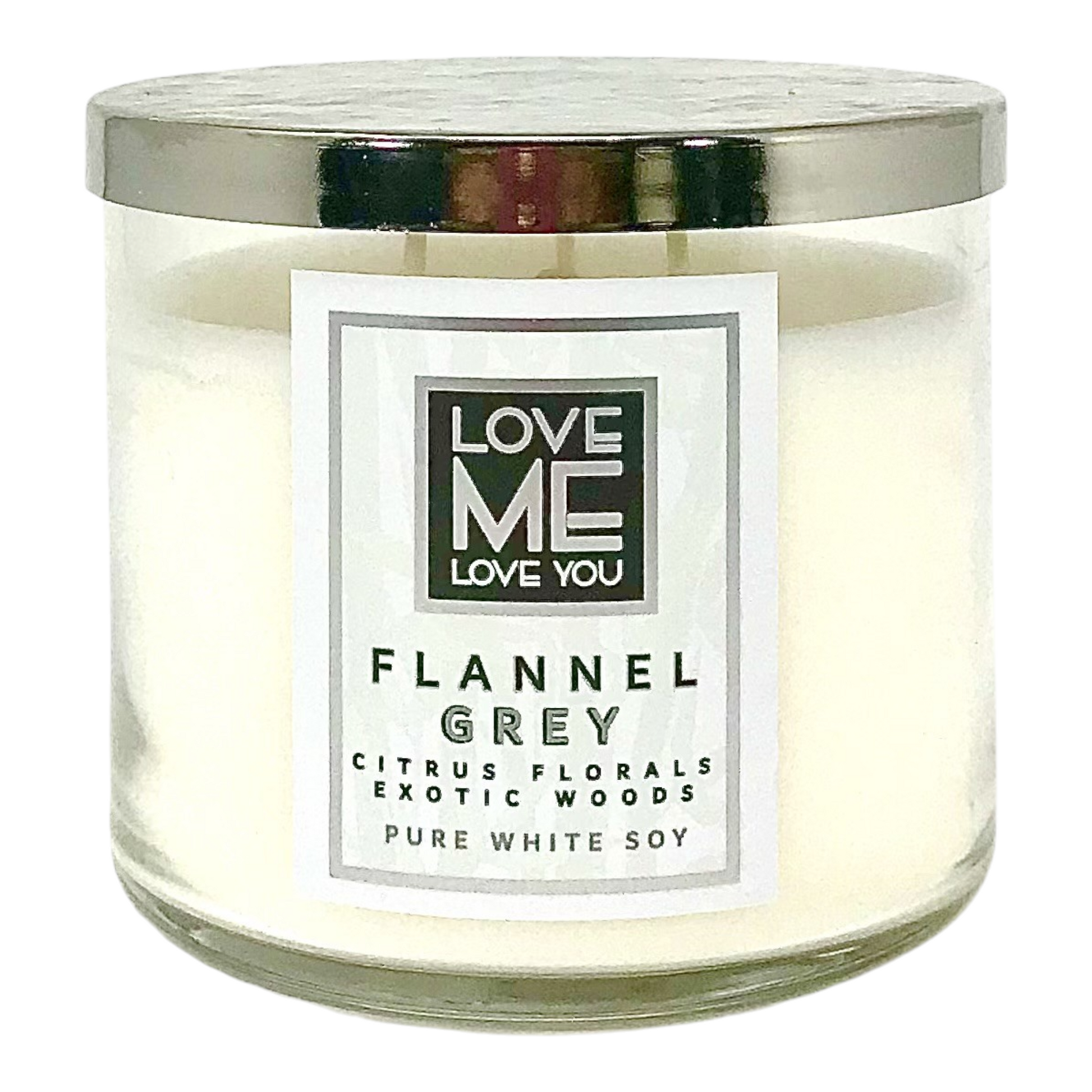 Grey flannel candle in clear glass jar with metallic lid and LOVE ME label
