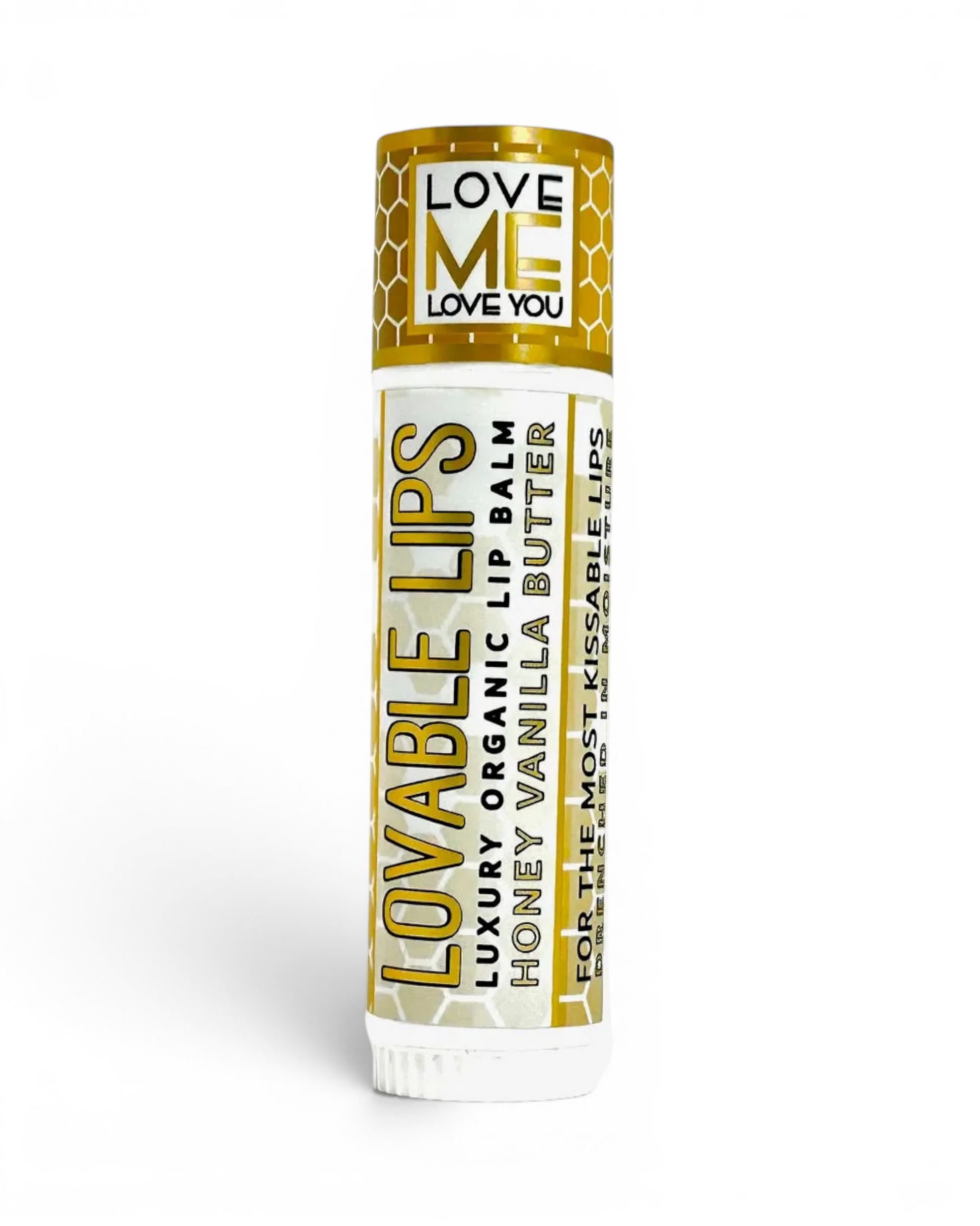 Gold and white lip balm tube with Love Me label